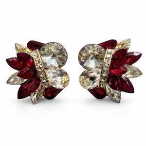Vintage Red Clear Glass Rhinestone Clip On Earrings Faceted